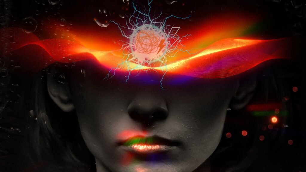 Woman's face with open head illusion, swirling colors represent confusion, energy and overload.