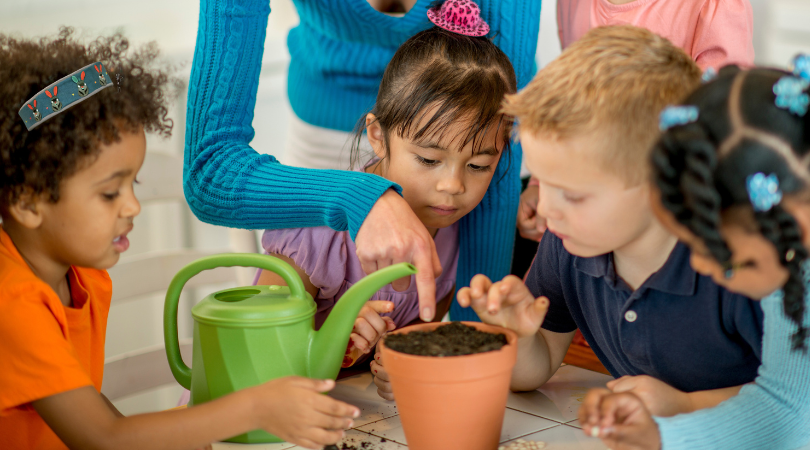 Kids Planting seeds of Vegetables and Flowers as an easter Spring Activity