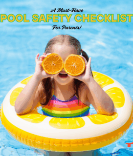 Young girl smiling in a pool with a yellow-green swim ring and lemon slices over her eyes, highlighting the importance of pool safety tips and health during swimming lessons — Southwest Urgent Care, Telfair Sugar Land